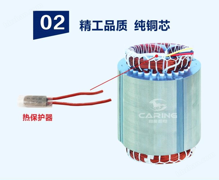 優(yōu)點(diǎn)2：繞阻采用純銅芯且標(biāo)配熱保護(hù)器